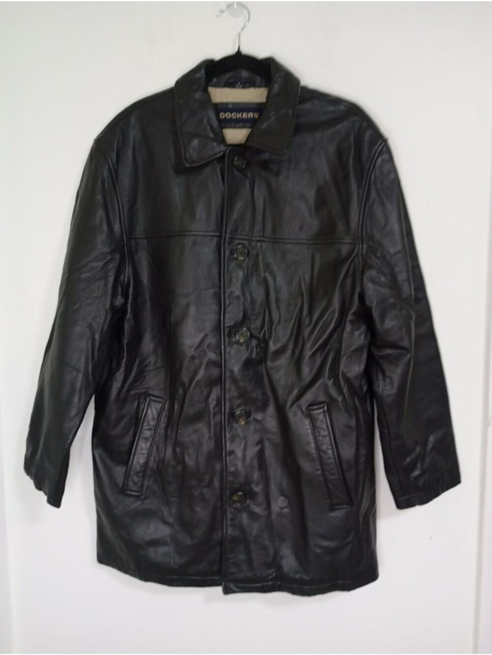 Dockers Black Leather Jacket M Button Front Quilted Lining Men Cow leather blend